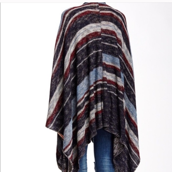 Free People Big Trail Poncho Cardigan Sweater Linen Blend Blue/Red/Gray XS - Picture 5 of 14
